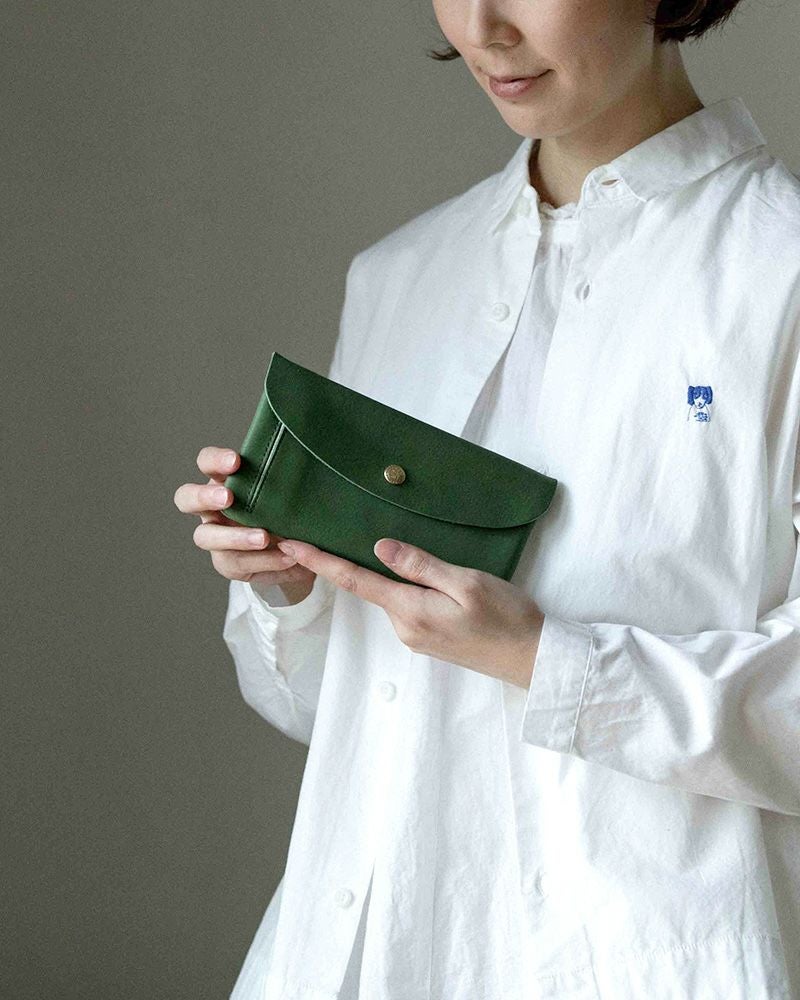 斜めかけお財布バッグ 長財布 グリーン(ポイントに花織) 本革 l字