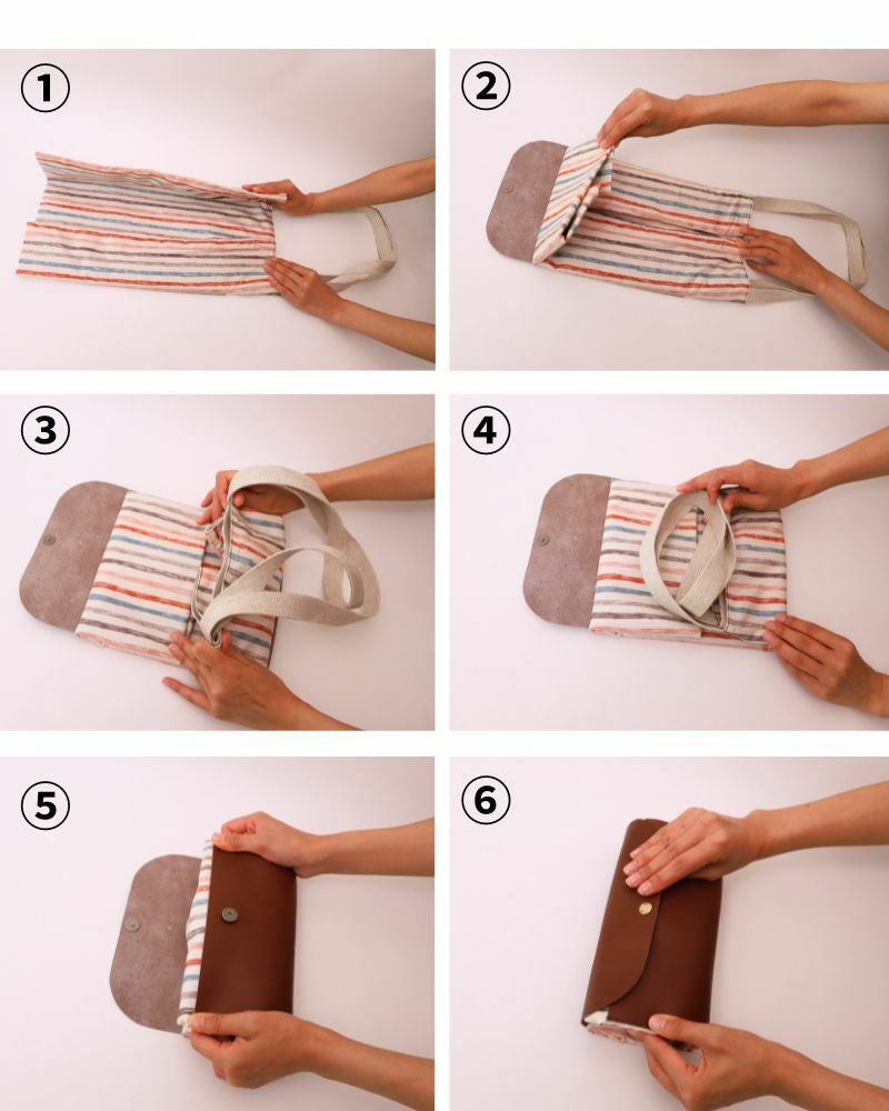 たたみ方：左右から折りたたみくるくると丸めてレザーでまとめれば簡単に折りたためます。